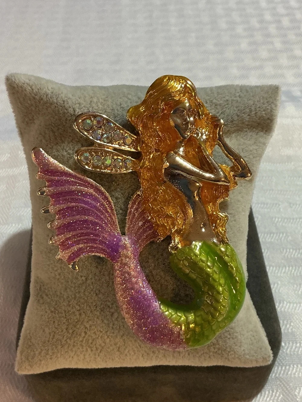 Mermaid Glitter Enamel Fairy Winged Siren Aurora Borealis Gold Tone Brooch